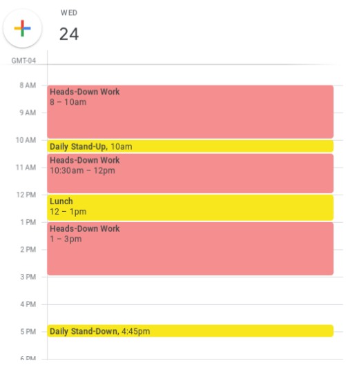 Screenshot of calendar day with most time reserved for heads-down work.