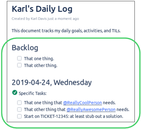 Screenshot of wiki page with backlog and current day's tasks.